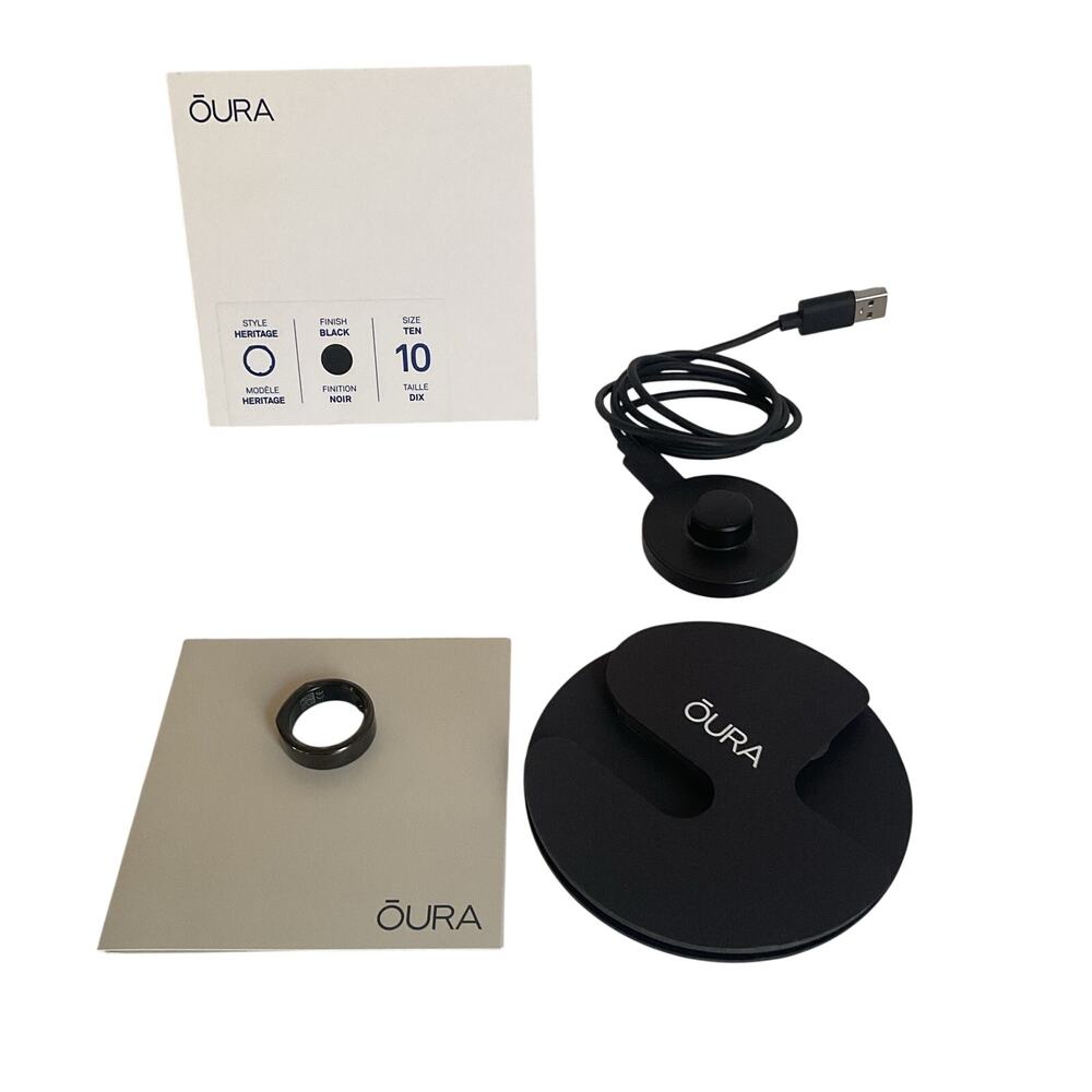 Oura Ring Gen 3 Heritage Black Size 10 Smart Ring Charger Cable Box